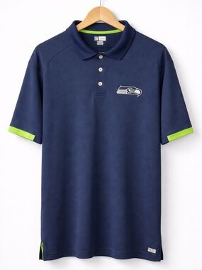 Seattle Seahawks NFL Team Apparel Polo Shirt Navy Blue Mens Size XL Green Accent
